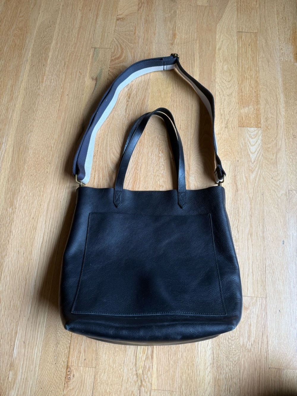 Madewell Medium Transport Black Leather Tote Bag with Contrast Strap (removable)